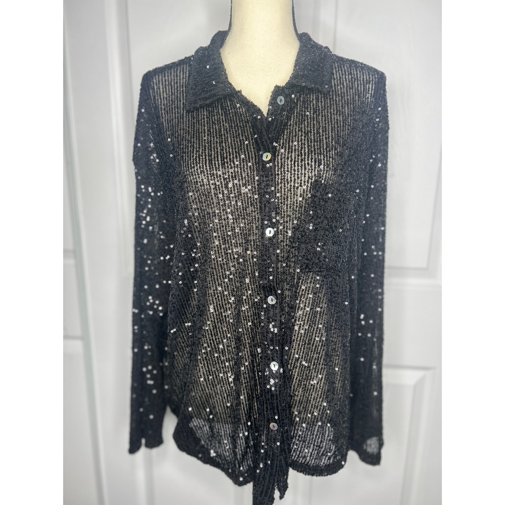 Porter Collective Sequin Shirt SMT1938 Large Black Sheer Mesh Sparkly Button